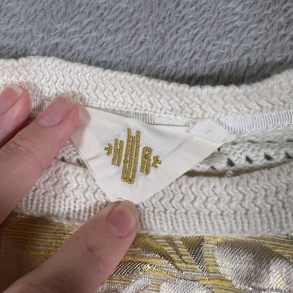 Anthropologie Pullover Womens Small Ivory Gold Leaf Brocade Front Glitter Floral